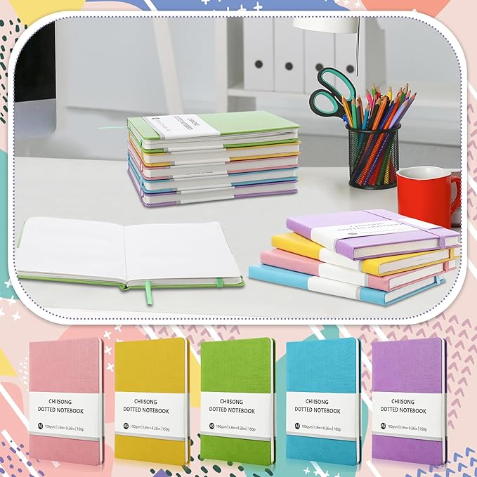 Chiisong 10 Pack Bullet Dotted Journal Notebook Bulk, A5 Dot Grid Notebook with 100 GSM Paper, Leather Hardcover Dotted Journal with 160 Pages for Women Men Writing Journaling Planning, 5.7 x 8.3 Inch