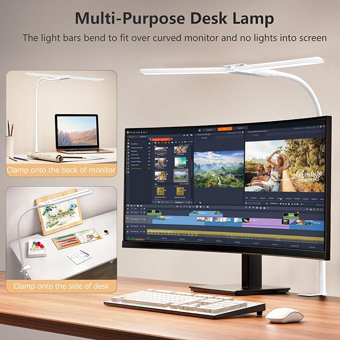 EppieBasic LED Double Head Architect Lamps, Extra Bright Workbench Office Lighting, Eye Protection Modern Desk Light for Monitor Working Reading White 1200LM