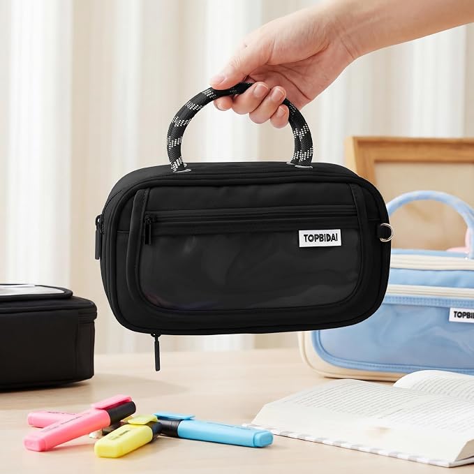 TOPBIDAI Large Pencil Case Pouch School Supplies for Girls Boy Women Men | Big Pencil Bag with 5 Compartments, Easy Grip Handle, Office College School Pencil Box