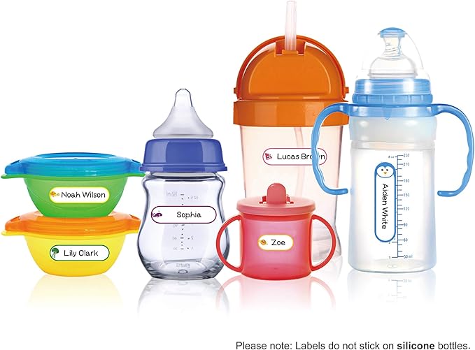 Baby Bottle & Daycare Name Labels, Self-Laminating Waterproof Stickers for Kids Stuff, Dishwasher Safe Write-On Name Tags for School & Home, Assorted Sizes & Colors, Pack of 64