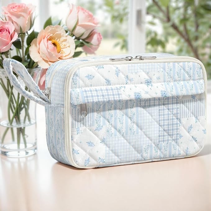 WOBAGMEN Quilted Pencil Pouch for Girls Women, Large Pencil Case Pouch with Compartments Cute Aesthetic Pencil Case Organizer, Floral Pencil Bag for School Supplies (Blue Patchwork)