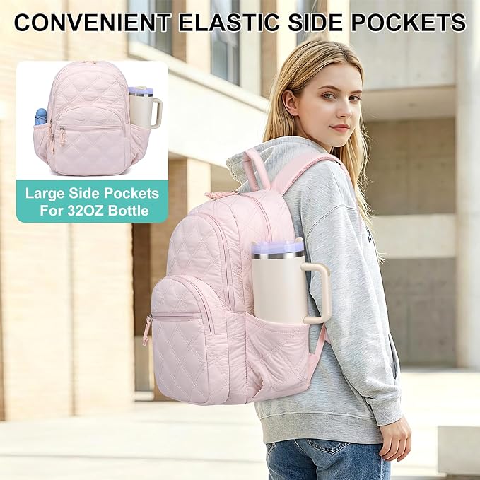 Backpack for Women Travel Bag: 15.6 Inch Laptop Backpacks Quilted College Bookbag Lightweight Casual Daypack Water-Resistant Computer Backpacks for Students Teacher Work Pink