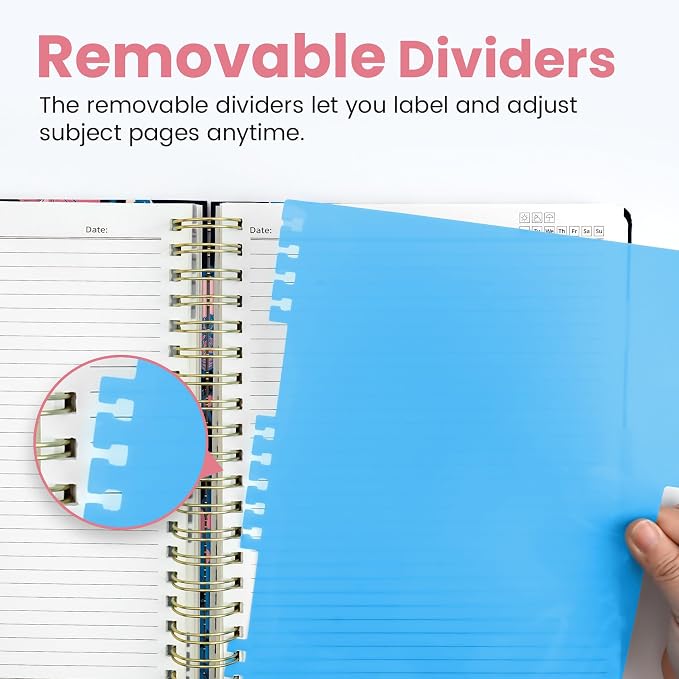 Taja Pretty Large Spiral Lined Notebook for Work with 5 Removable Dividers