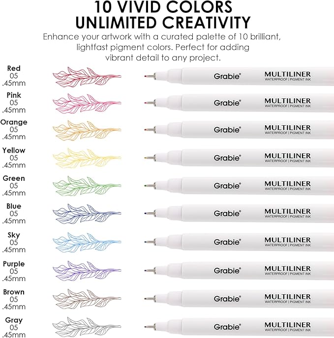Grabie Micro Finerliner Pens, 20 Multicolor Fine Line Waterproof Drawing Pens, Assorted Point Sizes for Sketching, Illustration, Journaling, Art Supplies