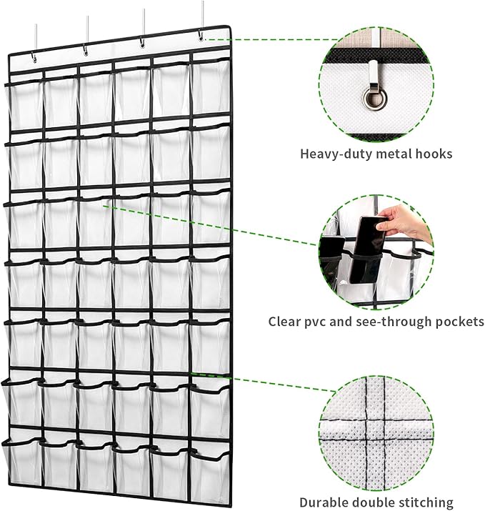ANSTROUT 42 Clear Pockets Classroom Pocket Chart for Cell Phones and Calculator, Pocket Chart Organizer for Classroom Phone Storage Holder with 42 Number Sticker and Hooks (White)