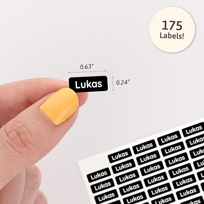 Mini Name Labels (175) - Custom Personalized Name Labels for Labeling Tiny Items, Washer and Dryer-Safe Waterproof Labels for Daycare, Preschool, and School - Black/White