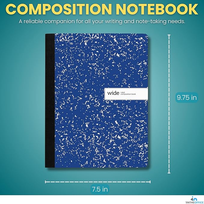 1InTheOffice Composition Notebook Wide Ruled, Wide Ruled Notebook, Marble Notebook, 7 1/2" x 9 3/4", 100 Sheets/Pack, Blue, 2 Pack