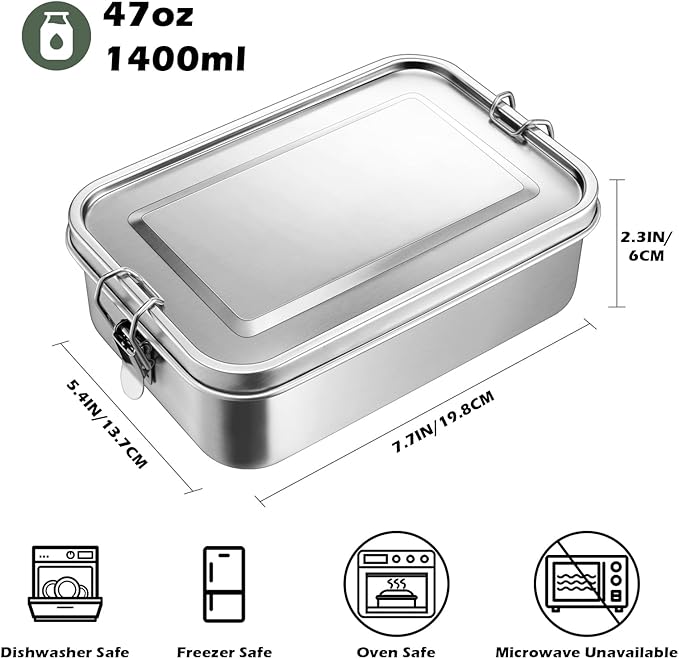 Leonyo 2 Pack 18/10 Stainless Steel Lunch Box for Adults 47oz, 1400ml Metal Bento Box with Removable Divider, 3 Compartments Snack Lunch Containers for Woman Man, Leak-Proof, Dishwasher Safe