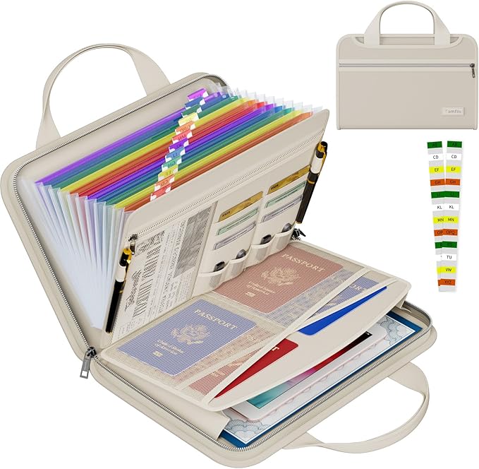 Tamfile Fireproof Accordion File Organizer with Handle, 13 Pocket Colorful Expanding File Folder with Zipper & Labels, File Folder with Multi-Pockets Paper Organizer Folder for Letter A4 Files (Beige)