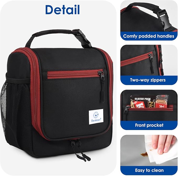 Genteen Kids Lunch Box, Insulated Lunch Bag for men, Toddler, Girl, and Boy; Holds Lunch Box, Water Bottle, & Snacks; Easy-Clean Water-Resistant Fabric & Multiple Zippered Pockets (Black)