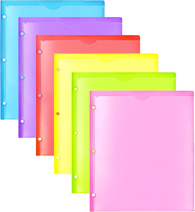 Heavy Duty Plastic Folders with Clear Front Pocket - 6PCS, 3 Pockets Folders with 3 Holes Fits 3 Ring Binder, Includes Card Slot, for Letter Size Sheets, Assorted Bright Colors