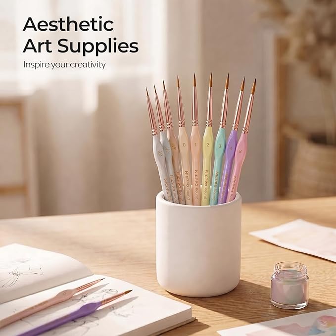 Nicpro 10PCS Micro Fine Detail Paint Brush Set, Aesthetic Pastel Small Miniature Fine Tip Detail Brushes Kit for Acrylic Oil Watercolor, Craft, Models, Miniatures, Rock Painting, Paint by Numbers