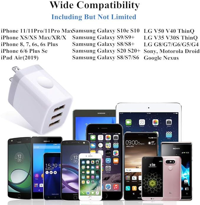 3 Port Wall Charger, 5V 3.1A USB Plugs, MultiPort Travel USB Wall Plug Home Charging Block Cube Compatible iPhone 13 12 11 Pro XS Max, Samsung Galaxy S22 S21 FE S10, Note 20 10,V35 THINQ Q7 G7