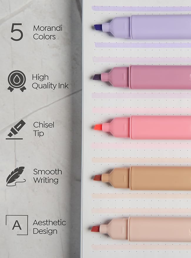 BLIEVE Bible Highlighters No Bleed Through, Chisel Tip, 5 Pack | No Smear, Quick-Dry, Aesthetic Cute Pastel Colors For Bible & Journaling (Morandi Edition)