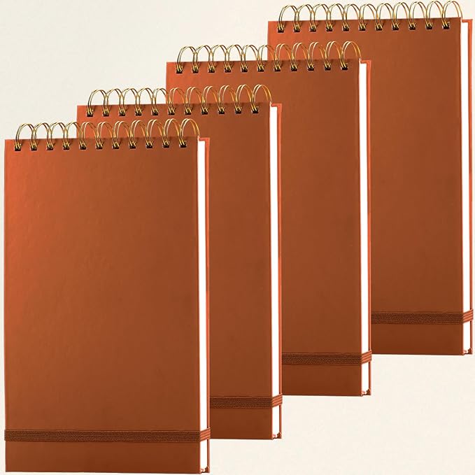 4 Pack Thick Superhard Cover A5 Top Steno Pads Spiral Notebook,Top Bound Notebooks Spiral 4x160 Pages, Inner Pocket College Ruled, Hardcover Steno Pads, Left-Handed Spiral Notepads for Work Brown