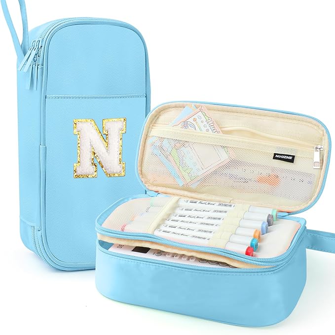 Large Pencil Case,Big Capacity Pencil Pouch,Personalized Initial Pencil Bag with smooth zipper,Multiple Pockets,Cute Aesthetic Stationery Pen Case Bag for Teen Girls College (Blue, N)