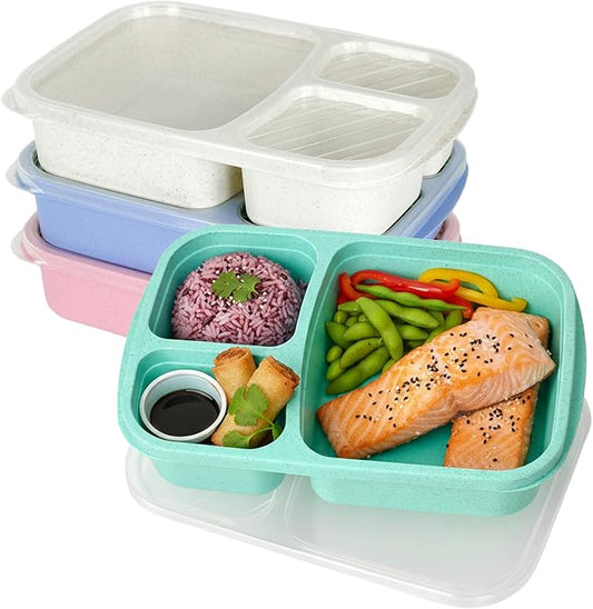 4 Pack Bento Lunch Box Set, 3 Compartment Leakproof Stackable Food Containers, Reusable Wheat Straw Lunch Boxes for Adults Work and Travel