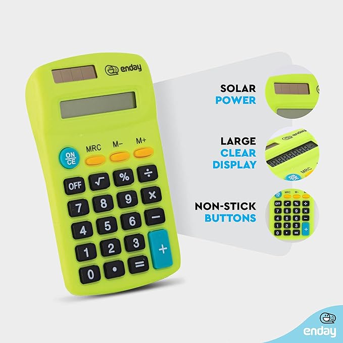 Calculator Green, Basic Small Solar and Battery Operated, Large Display Four Function, Auto Powered Handheld Calculator School and Kids Available in Blue, Red, Purple, Grey, Pink, 1 PK – by Enday