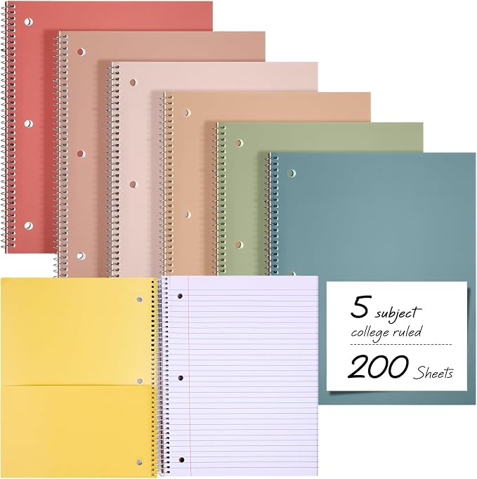 Qilery 6 Pack 5 Subject Notebook College Ruled with Hardcover 200 Sheets Thick Pages 8 x 10.5 Inch Spiral Journal Thick Notebook 3 Hole Assorted Colors Easy Tear Line Office (Vintage Colors)