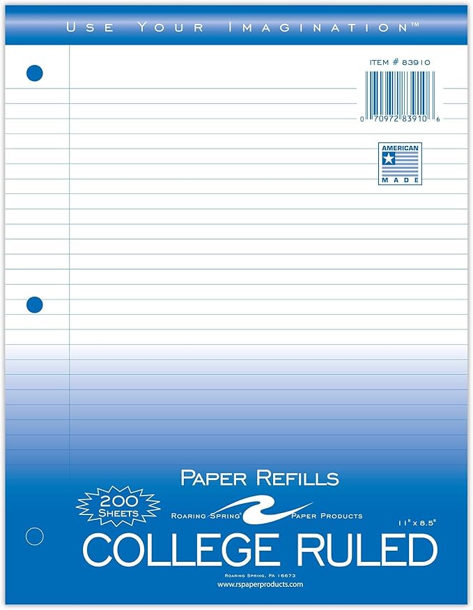 Roaring Spring Loose Leaf Paper, 200 Sheets Per Pack, 8"x11" White 15# College Ruled Notebook Filler Paper With Margin, 3-hole Punched, Proudly Made in the USA (Pack of 12)