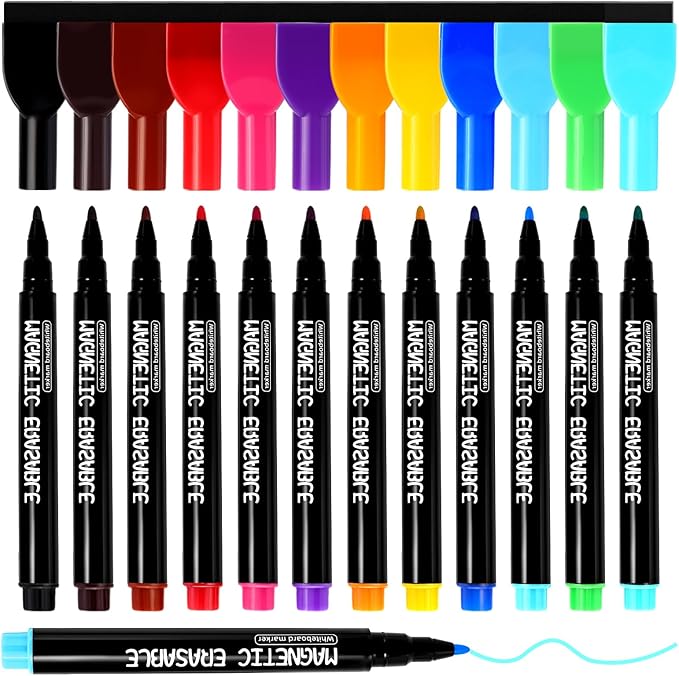 12 Pcs Magnetic Dry Erase Markers, Colorful Fine Tip Whiteboard Markers with Erasers, Thin Low Odor Dry Erase Marker Set for White Board Fridge Calendar Office Home