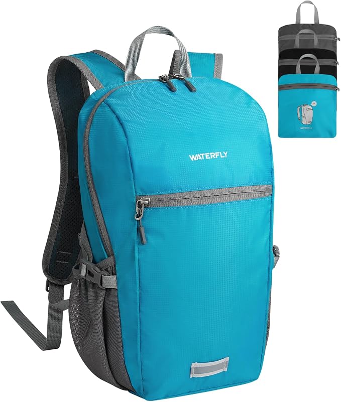 WATERFLY Small Packable Travel Backpack: 10L Ultra-Light Daypack for Adults | 9.2 oz,Water-Resistant Nylon,Breathable Mesh Straps,Reflective Strips,Emergency Whistle,Multi-Pockets,Hiking,Cycling,Commute