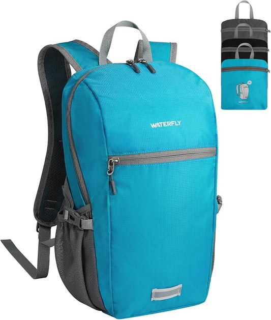 WATERFLY Small Packable Travel Backpack: 10L Ultra-Light Daypack for Adults | 9.2 oz,Water-Resistant Nylon,Breathable Mesh Straps,Reflective Strips,Emergency Whistle,Multi-Pockets,Hiking,Cycling,Commute