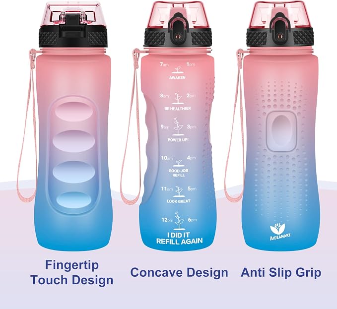 24 OZ Motivational Kids Water Bottle With Time Marker,Straw Lid,Leak Proof, Tritan BPA Free Sports Water Bottle Pink-Blue(1 Lid)