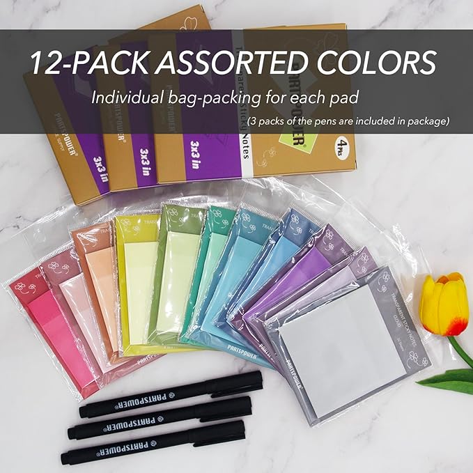 PARTSPOWER Super Transparent Sticky Notes, Jewel Tones 3X3 Inch 12 Packs See Through Annotating Sticky Notes for Annotating, Bible Study Supplies, Office School Supplies, 3 Sets 12 Pads
