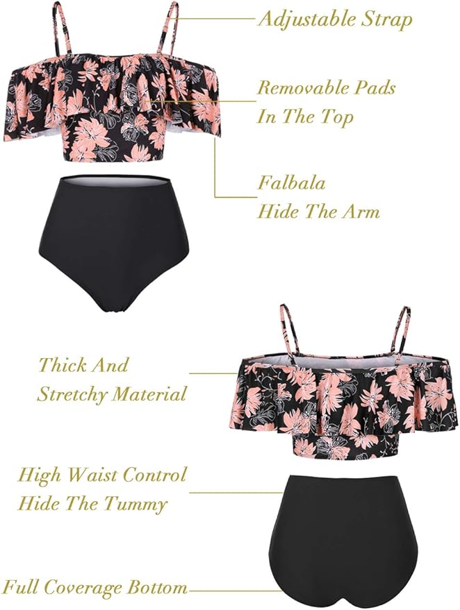 Kaei&Shi High Waisted Flounce Bikini Set,Tummy Control Swimsuits for Women,Off Shoulder