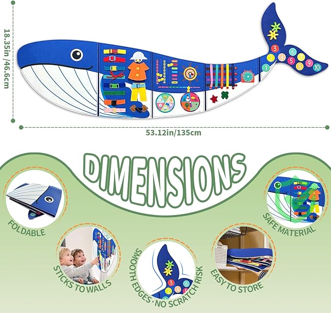 Whale Foldable Activities Montessori Busy Board Toddler Busy Board Montessoris Toys for 3+ Years Old Wall Panel