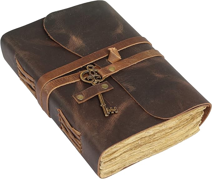 Leather Journal with Deckle Edge Paper 8x6 inch and Vintage Key | Handmade Writing Notebook Diary | Bound Daily Notepad for Men & Women Medium, Sketch/Writing pad for Artists