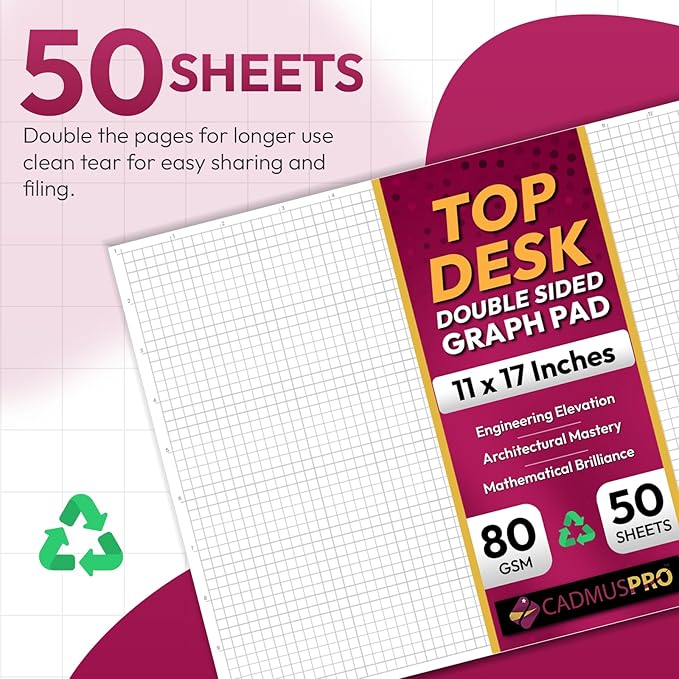 Large 17x11 Graph Paper Desk Pad, 2 Pack 100 Sheets, Double-Sided 1/4 Inch Quadrille Grid 80 GSM Ledger Paper for Architecture, Drafting, Engineering and Design