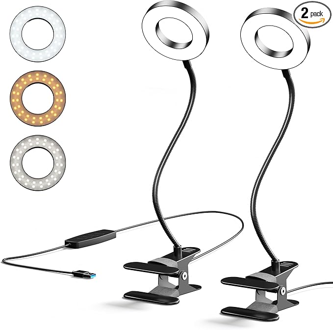 2 Pack LED Clip On Desk Lamp, 360° Adjustable Neck Eye-Caring Clamp Lamp with Memory Function, 3 Color Modes & 10 Brightness Levels for Home, Office, Dorm, Bedroom