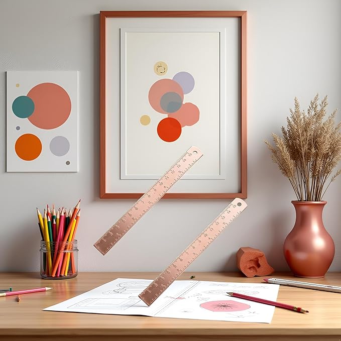 2Pcs Rose Gold Ruler, Metal Drawing Ruler, Brass Straight, Unisex Learning Measuring Bookmark Stationery for School Office Math Geometry Gift Drafting Tools and Kits