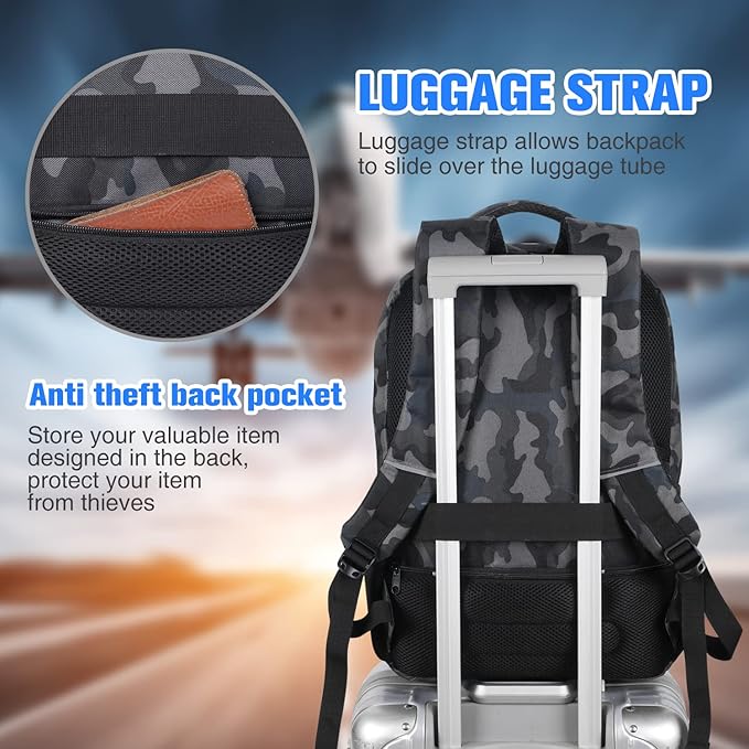 Paude 17 inch Travel Business Backpack for Men,College Backpack School Bookbag for Teens,Laptop Bookbag with USB Port and Headphone Hole,Camouflage Black
