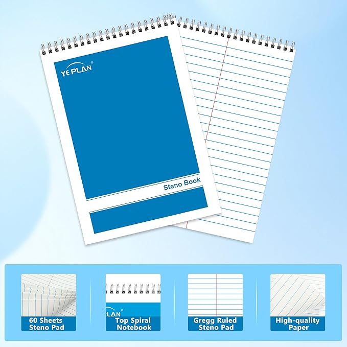 Yeplan Steno Pads Spiral Notebook 6x9 12 Pack, Top Spiral Notebook with Gregg Ruled White Paper, Notebooks & Writing Pads for School, College, Work, Office, Home, 60 Sheets, 6 Assorted Colors
