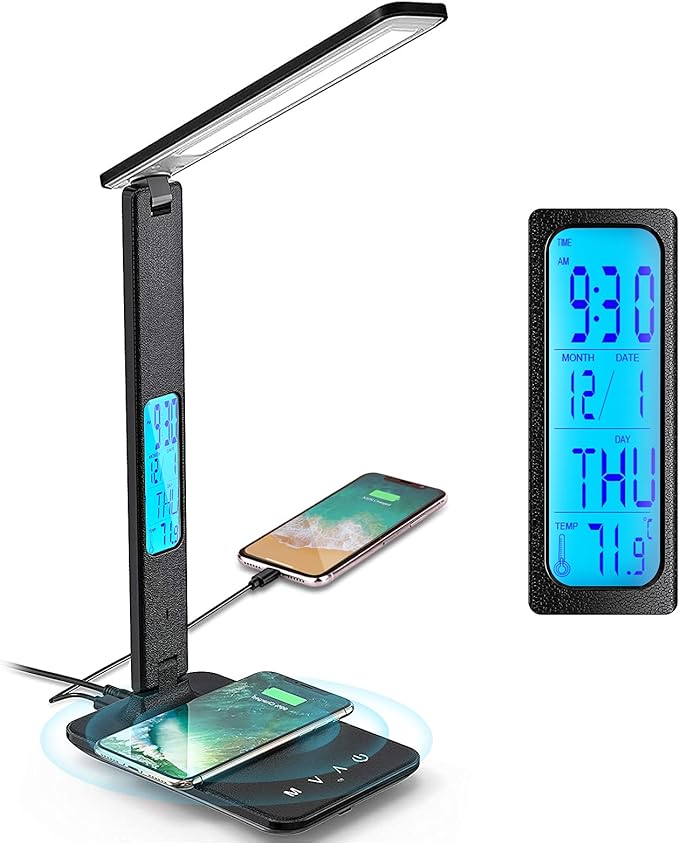 Desk Lamp with USB Charging Port,Wireless Charger LED Desk Lamp,Adjustable Foldable Table Lamp with Clock, Alarm, Date,5 Levels Dimmable Lighting,Home Office Lamp for Studying, Reading,Working (Black)