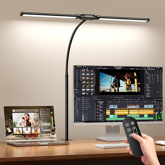 SKYLEO LED Desk Lamp with Clamp - Double Head Desk Light with Remote and Touch - Eye Protection - 12 W, 5 Color Modes, Timer and Memory Function, Flexible Gooseneck - for Office, Reading - Black
