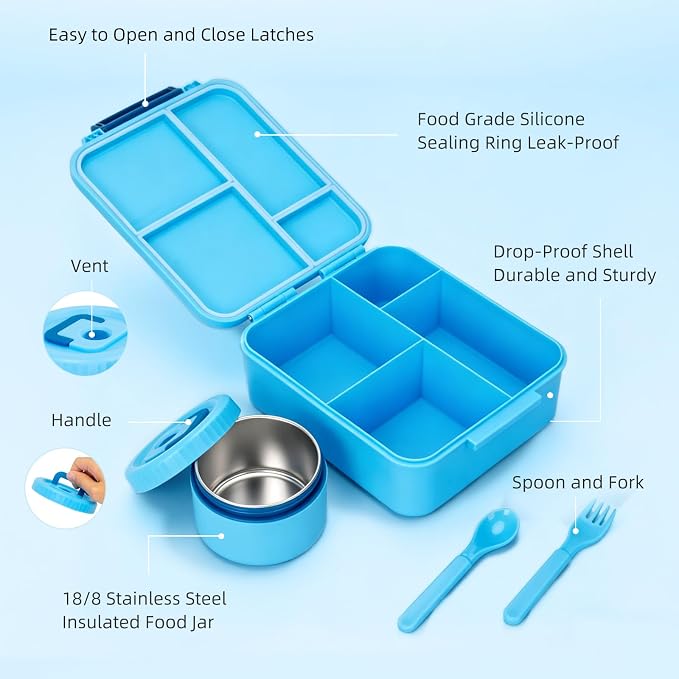 Kids Lunch Box with 12oz Insulated Food Jar, Leak-Proof Bento Box for Kids | 4 Compartments for Hot & Cold Food, Easy-Open School Lunch Container for Boys & Girls