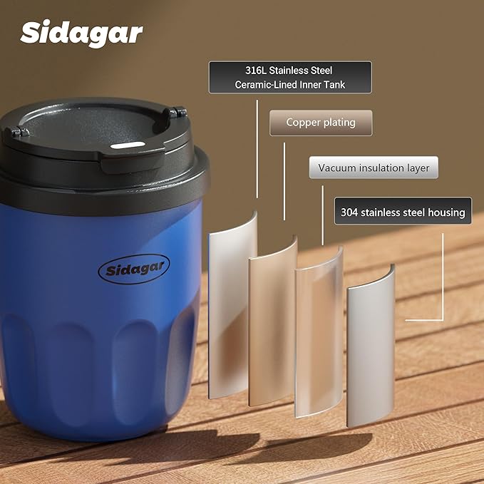 Travel Coffee Mug 10 oz Ceramic Lined Tumbler, Double Wall Stainless Steel Coffee Cup with Lid, Vacuum Spill Proof Mini Water Bottle, Insulated Thermal Mug for Home Office, Blue
