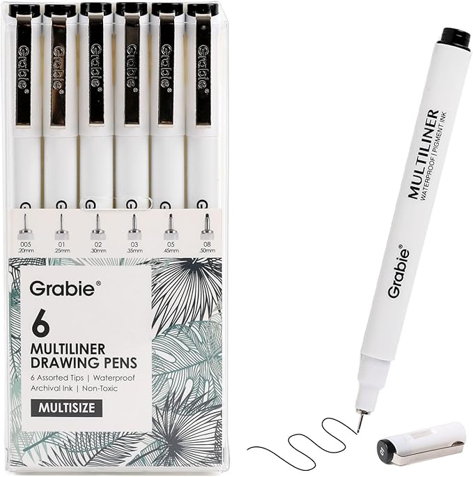 Grabie Micro Finerliner Pens, 6 Black Fine Line Waterproof Drawing Pens, Assorted Point Sizes for Sketching, Illustration, Journaling, Art Supplies