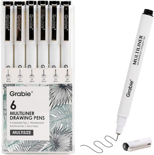 Grabie Micro Finerliner Pens, 6 Black Fine Line Waterproof Drawing Pens, Assorted Point Sizes for Sketching, Illustration, Journaling, Art Supplies