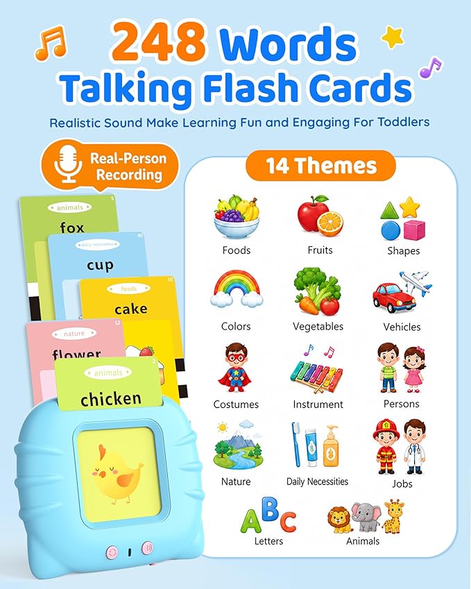 Aullsaty Talking Flash Cards for Toddlers 1-3, Upgraded 248 Sight Words Montessori Speech Therapy Toy, Autism Sensory Educational Learning Toys, Birthday Gift for Boys Girls (Blue)