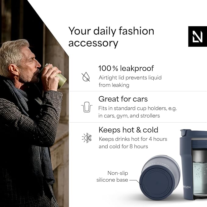 LARS NYSØM Thermo Coffee Mug to go 13oz | Travel Mug 0.38 Liter with Insulation | Silicone grip base | Leak Proof Stainless Steel Tumbler for Coffee and Tea on the Go (Powder Midnight Blue, 13oz)