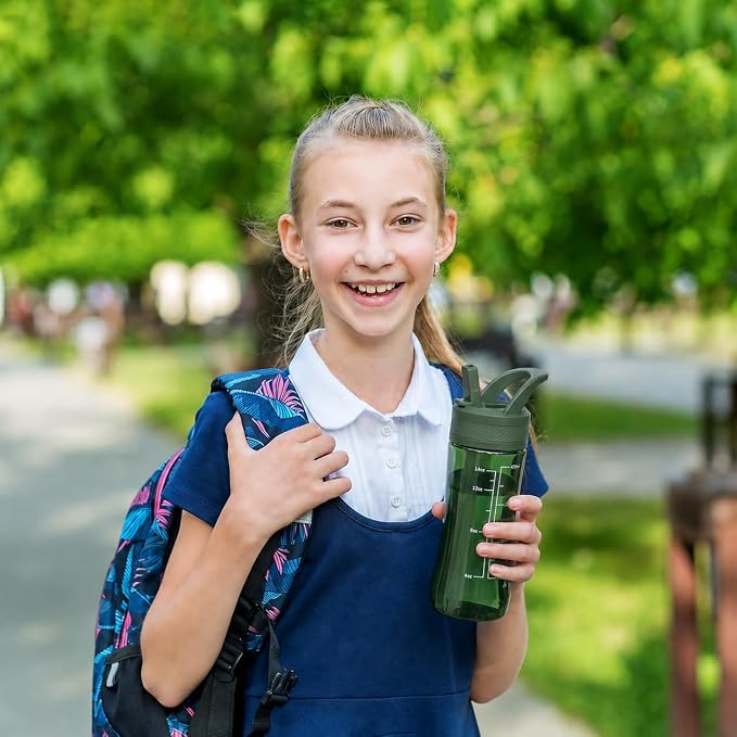 14oz Clear Kids Water Bottle with Straw Lid, BPA-Free Tritan, Measurement Scale, Sturdy Handle Wide Mouth Leak-proof Reusable Plastic Bottle for Boy& Girls, Back to School（Army Green）