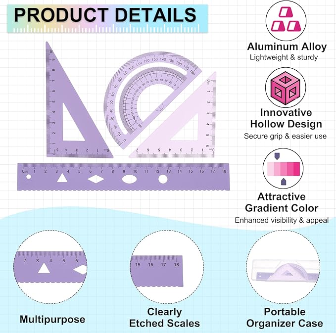 PATIKIL Geometry Set, 2 Pack 7 Inch Aluminum Ruler & 4 Triangles, Metal Protractor Ruler Math Drafting Measuring Tool for Home Office Math Drawing Engineering Art,Gradient Purple