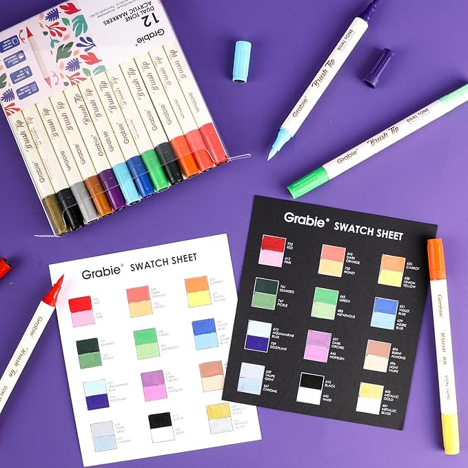 Grabie 24 Colors Acrylic Paint Markers, 12 Pack Dual Tip Soft Brush Acrylic Markers, Water-Based Paint Pens for Paper, Rock Painting, Wood, Glass, Canvas, DIY Craft Art Supplies for Adult & Kids