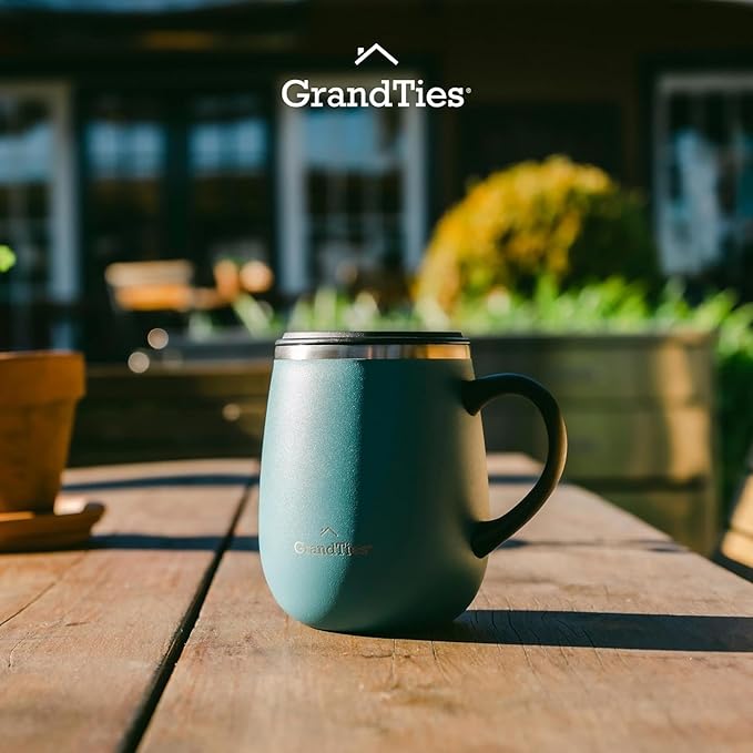 GRANDTIES Insulated Coffee Mug with Handle - Sliding Lid for Splash-Proof 16oz Wine-Glass Shape Thermal Tumbler with Double Walled Vacuum Stainless Steel to Keeps Beverages Hot or Cold-Atlantis Blue