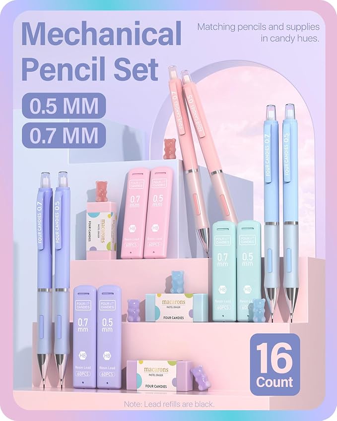 Four Candies 6PCS Cute Mechanical Pencil Set, 0.5mm & 0.7mm with 360PCS Lead Refills, Pastel Erasers & Case, Clean Girl Preppy School Supplies for College Standardized Tests and Schoolwork